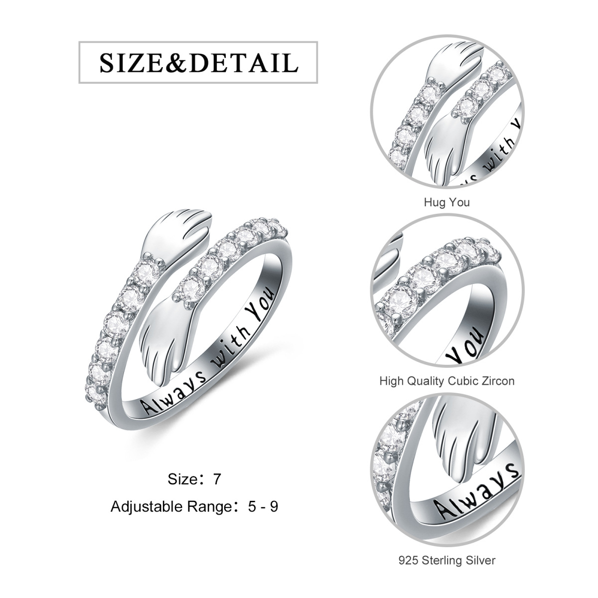 Bague ouverte en argent sterling avec zircone cubique de forme circulaire pour couples amoureux avec mot gravé-5