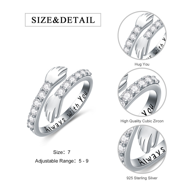 Sterling Silver Circular Shaped Cubic Zirconia Lover Couples Embrace Open Ring with Engraved Word-4