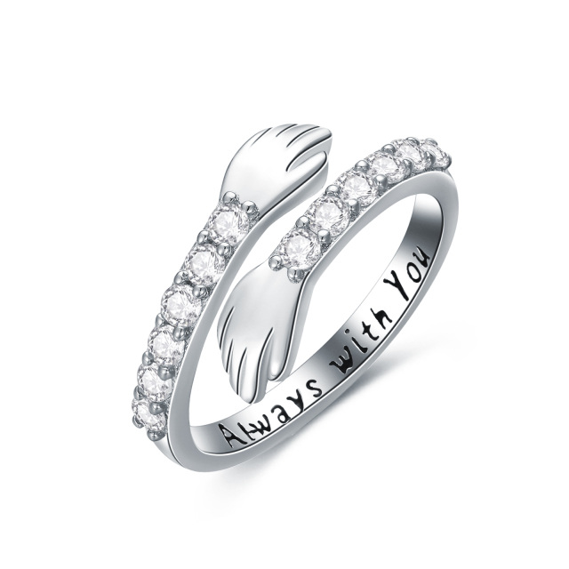 Sterling Silver Circular Shaped Cubic Zirconia Lover Couples Embrace Open Ring with Engraved Word-0