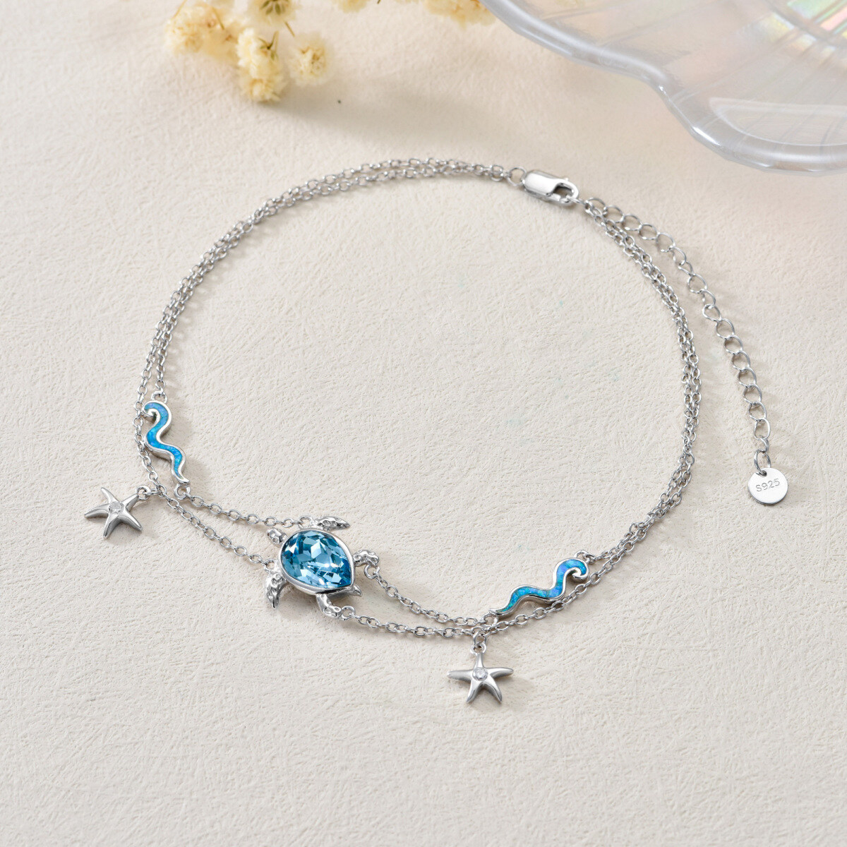 Sterling Silver Crystal Sea Turtle & Starfish & Spray Multi-layered Anklet-3