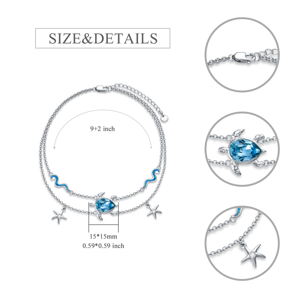 Sterling Silver Crystal Sea Turtle & Starfish & Spray Multi-layered Anklet-5