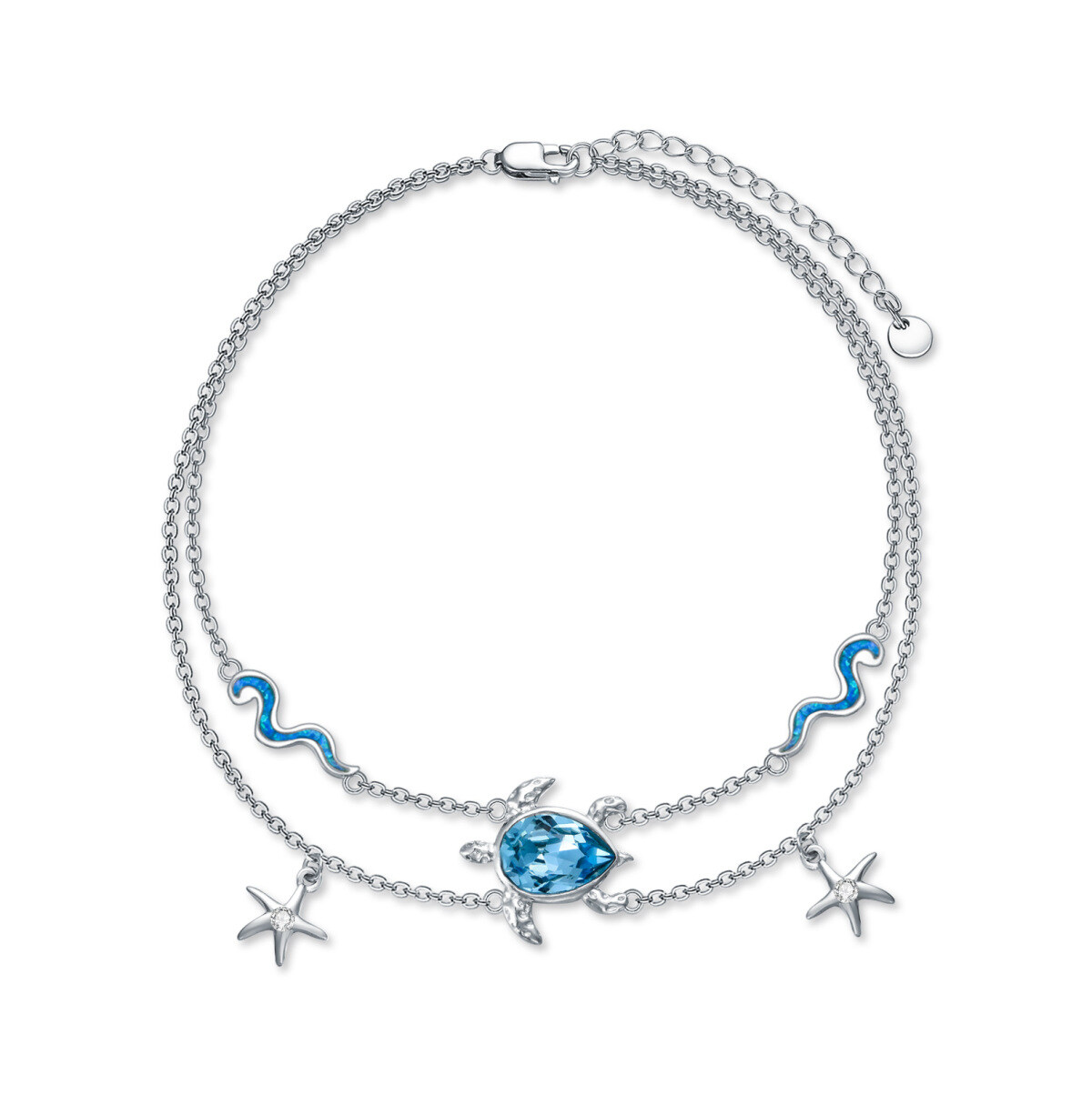 Sterling Silver Crystal Sea Turtle & Starfish & Spray Multi-layered Anklet-1