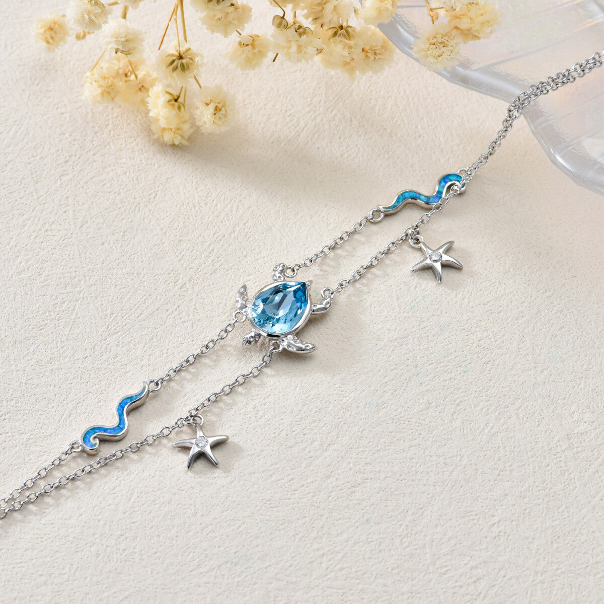 Sterling Silver Crystal Sea Turtle & Starfish & Spray Multi-layered Anklet-4