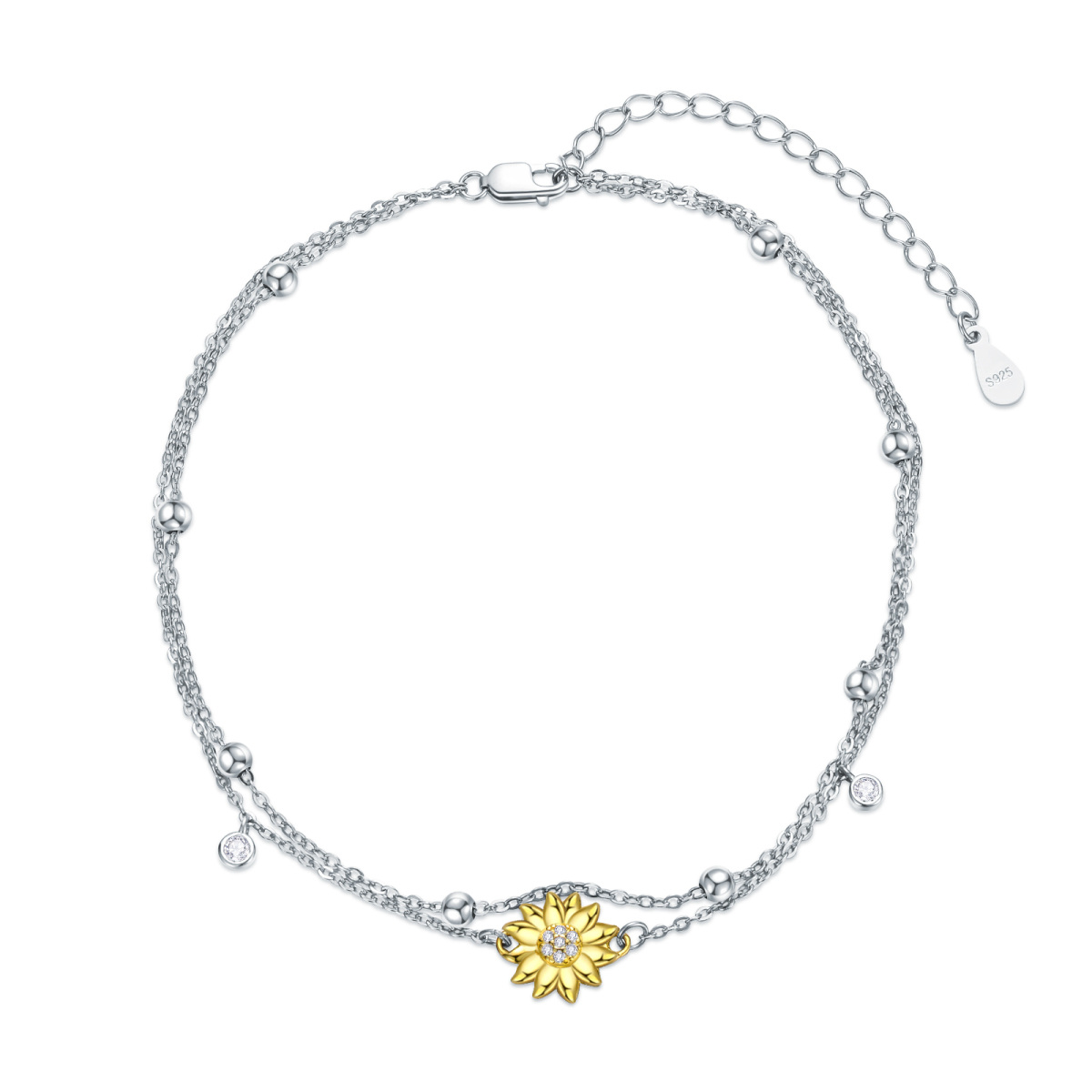 Sterling Silver Two-tone Cubic Zirconia Sunflower Multi-layered Anklet-1