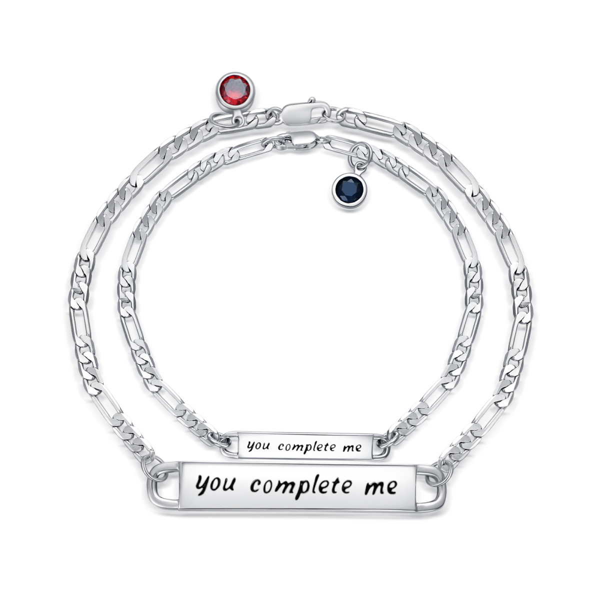 Sterling Silver Circular Shaped Cubic Zirconia Personalized Birthstone & Personalized Engraving & Couple Identification Bracelet-1
