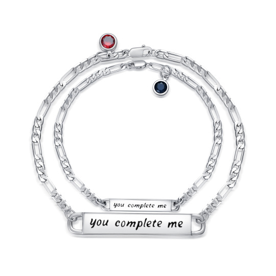Sterling Silver Circular Shaped Cubic Zirconia Personalized Birthstone & Personalized Engraving & Couple Identification Bracelet