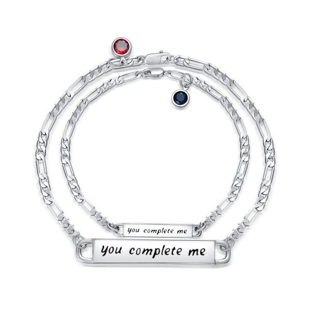 Sterling Silver Circular Shaped Cubic Zirconia Personalized Birthstone & Personalized Engraving & Couple Identification Bracelet-0