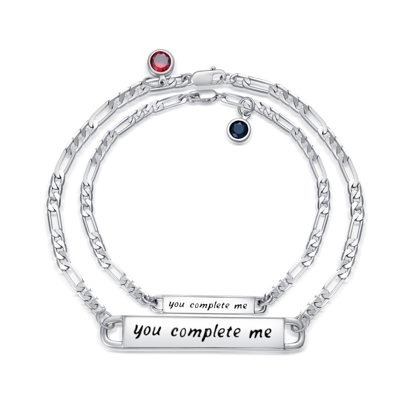 Sterling Silver Circular Shaped Cubic Zirconia Personalized Birthstone & Personalized Engraving & Couple Identification Bracelet