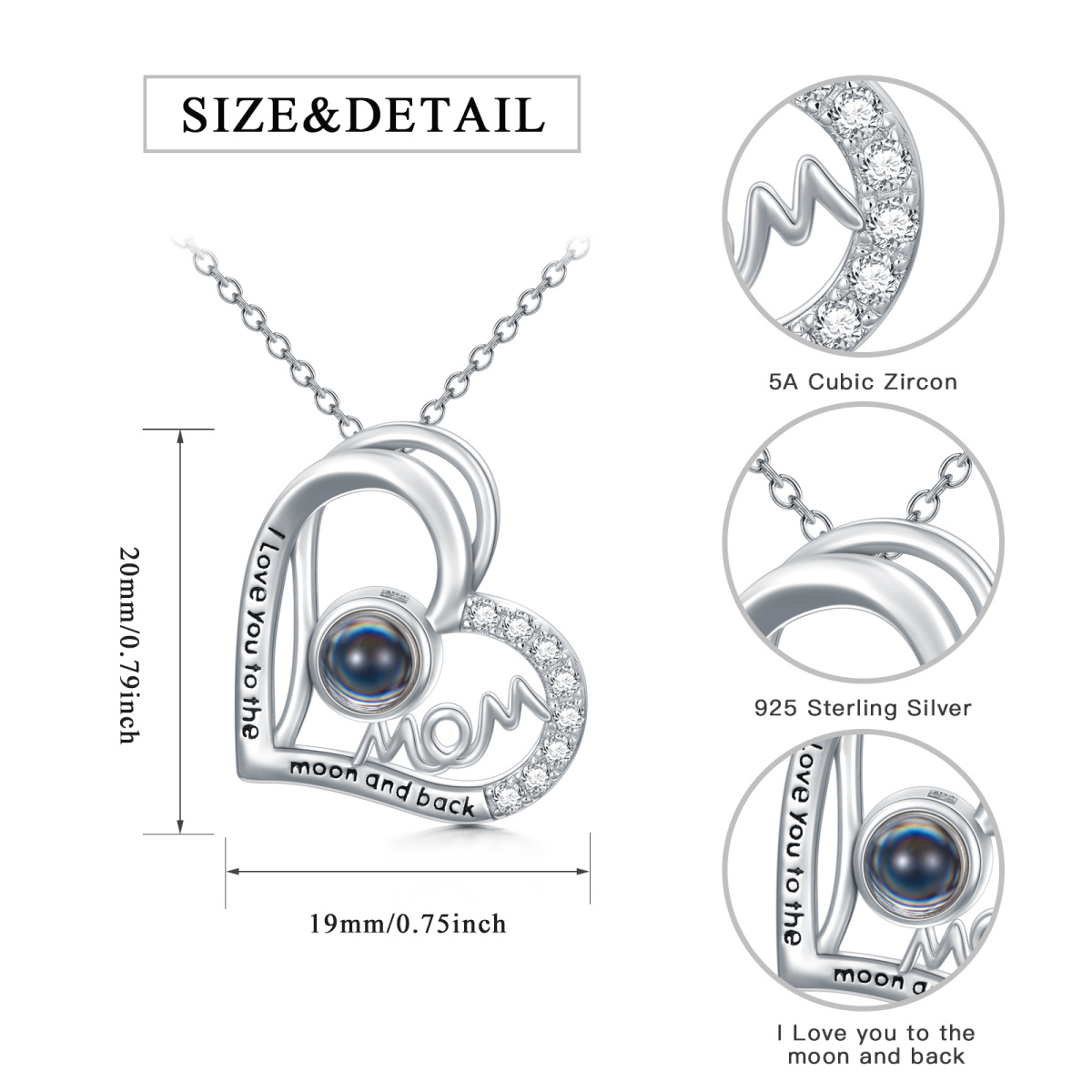 Sterling Silver Heart Projection Stone Mother & Heart Pendant Necklace with Engraved Word-6