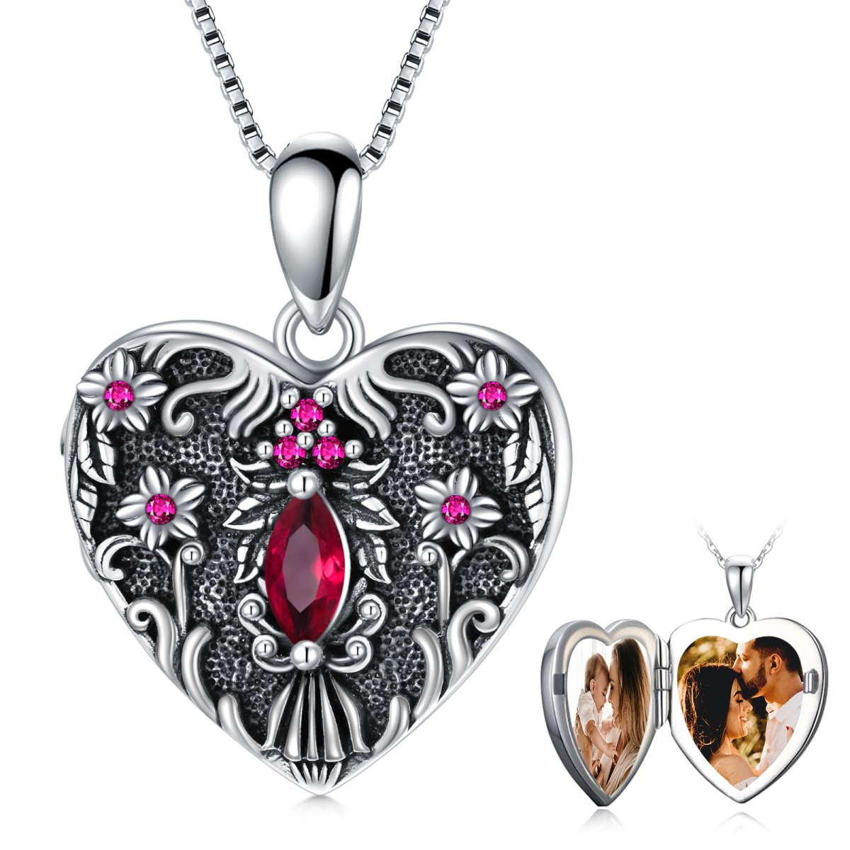 Sterling Silver with Black Rhodium Cubic Zirconia Personalized Photo & Heart Personalized Photo Locket Necklace-1