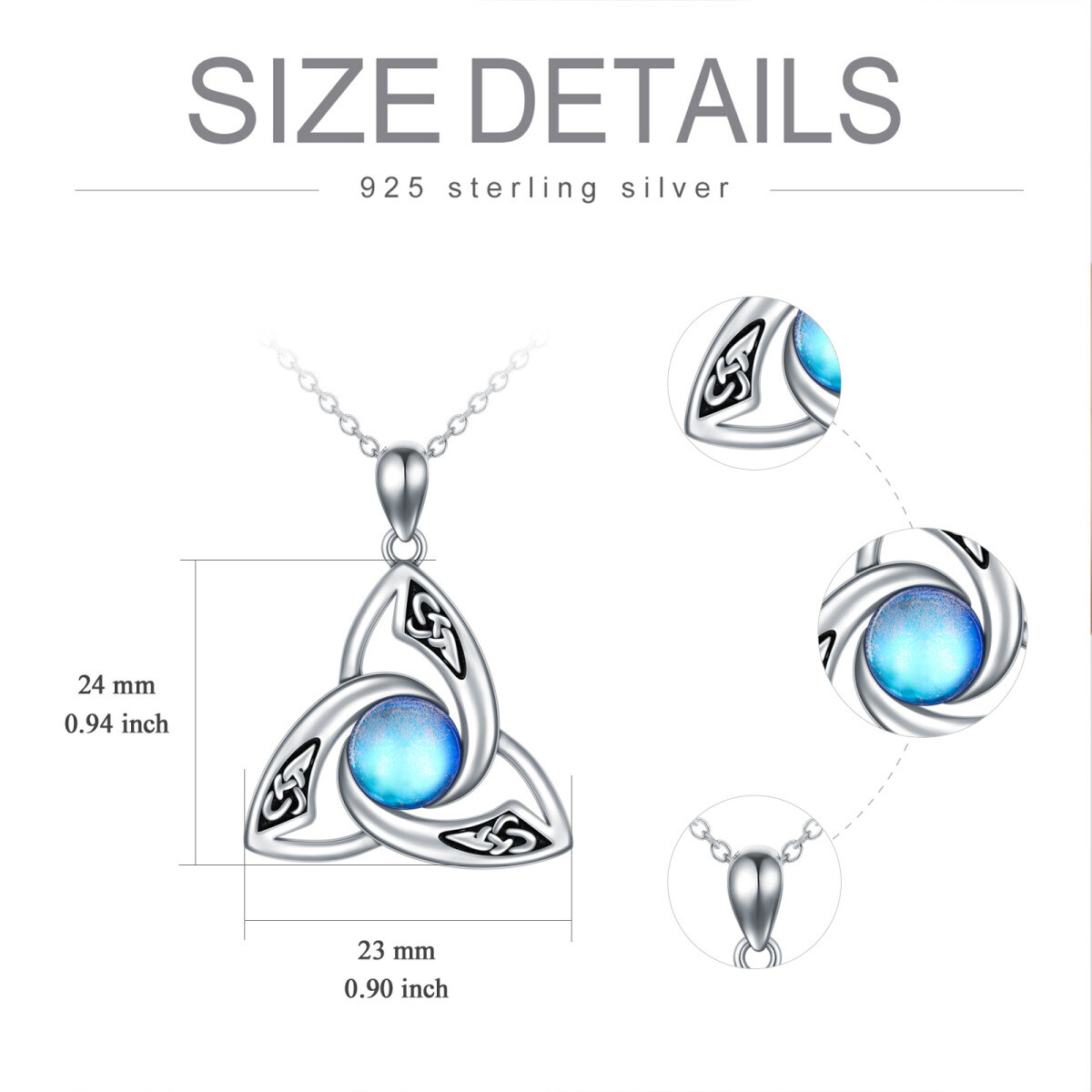 Sterling Silver Round Moonstone Triquetra Celtic Knot & Moon Pendant Necklace-6