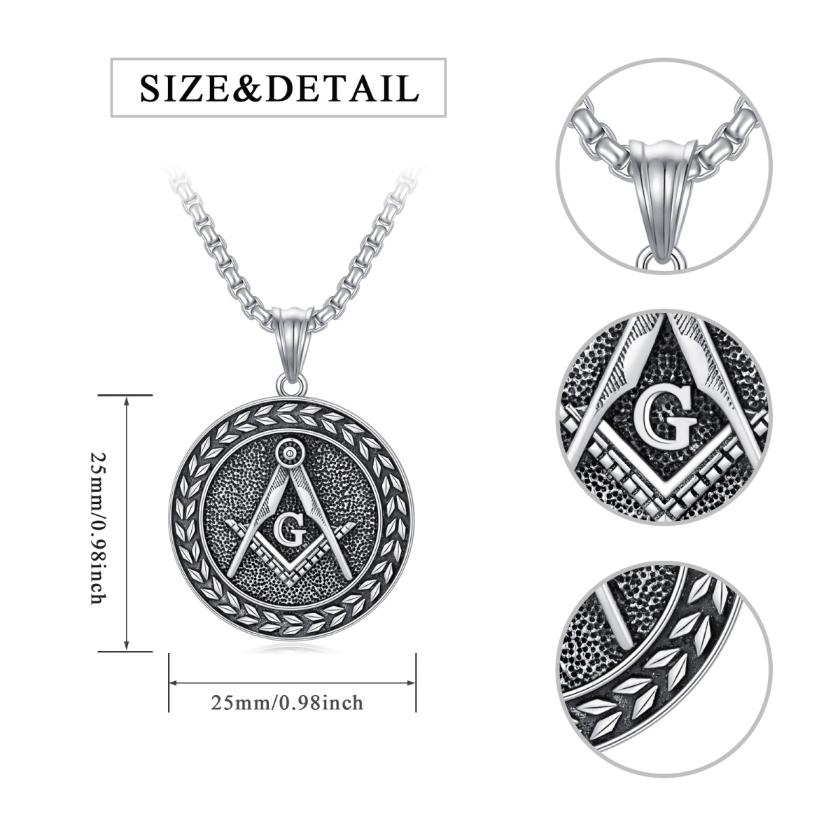 Sterling Silver Masonic Symbol Coin Pendant Necklace for Men-5