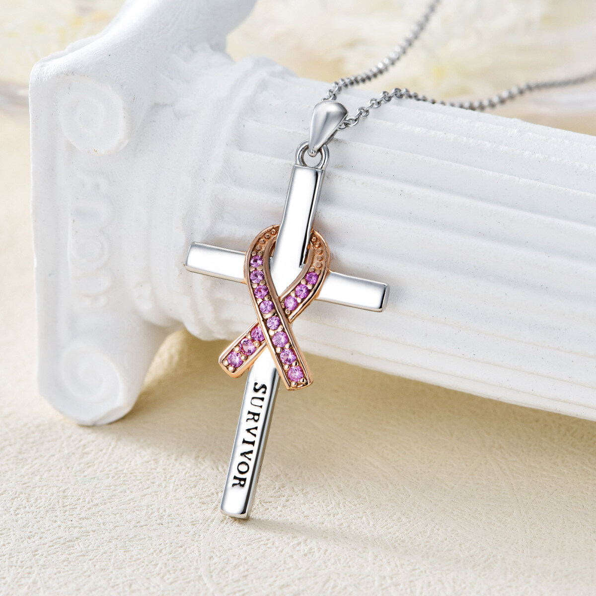 Sterling Silver Two-tone Circular Shaped Cubic Zirconia Cross & Ribbon Pendant Necklace with Engraved Word-3