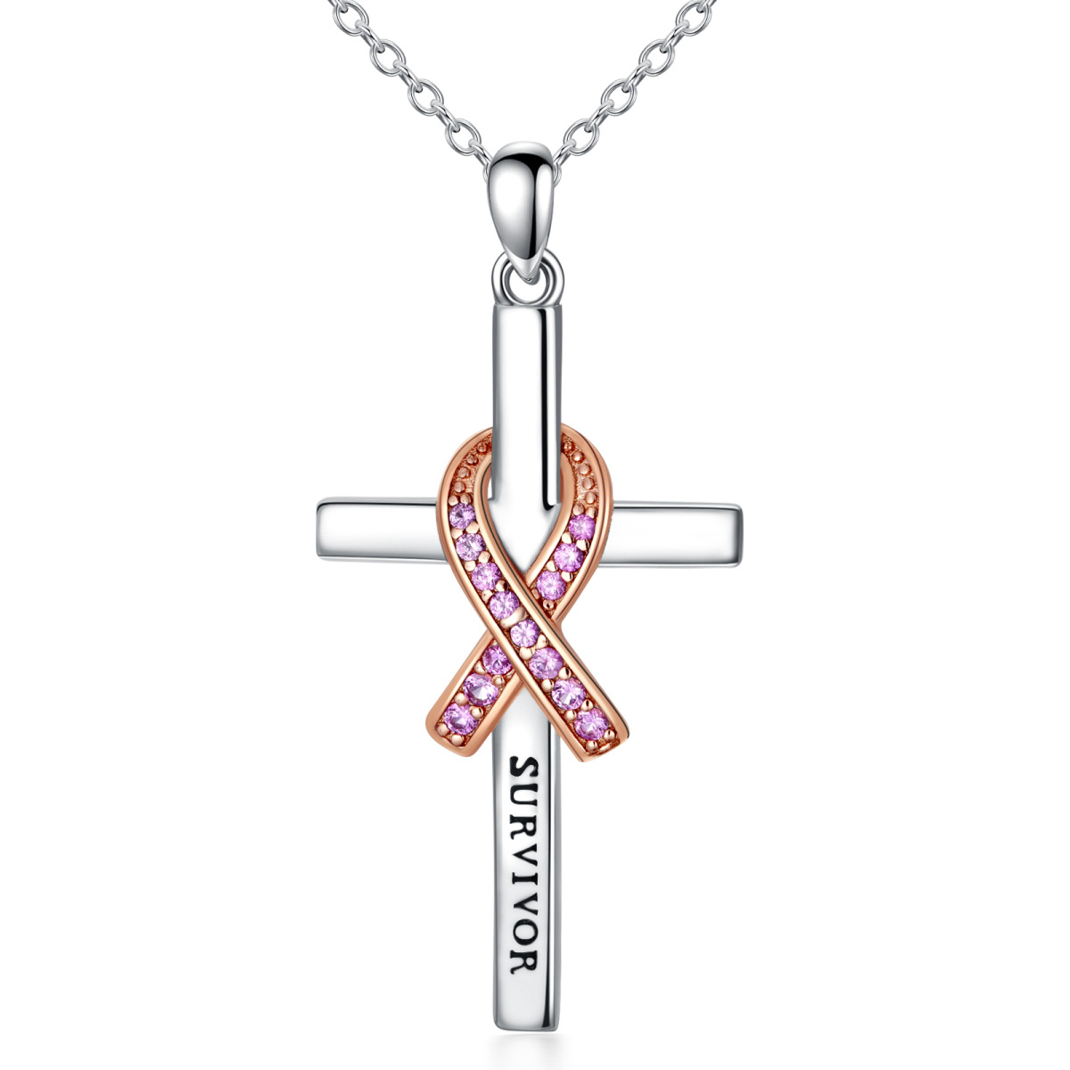 Sterling Silver Two-tone Circular Shaped Cubic Zirconia Cross & Ribbon Pendant Necklace with Engraved Word-1