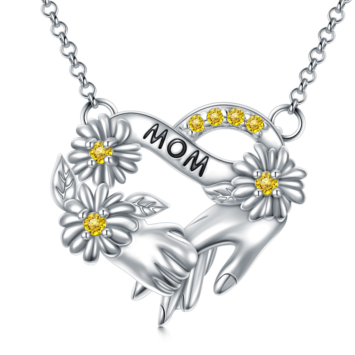 Sterling Silver Circular Shaped Zircon Daisy & Sunflower Heart Pendant Necklace with Engraved Word-1