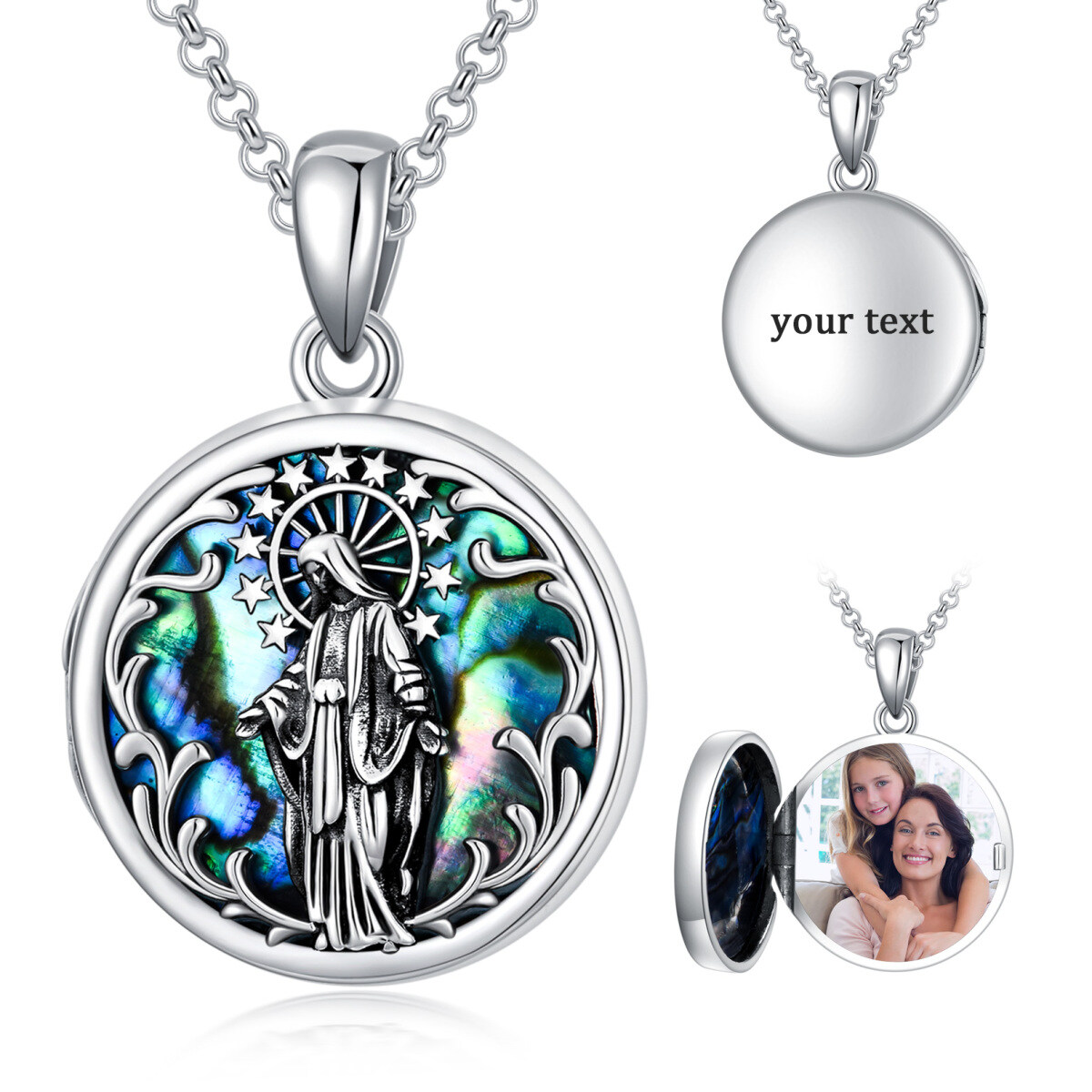 Sterling Silber Abalone Muscheln Jungfrau Maria personalisierte Foto Medaillon Halskette-1