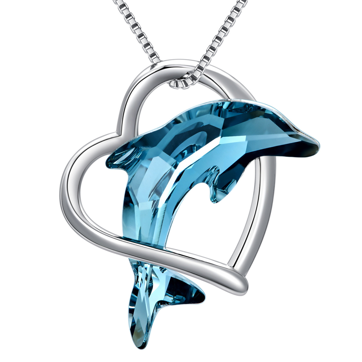 Sterling Silver Crystal Dolphin & Heart Pendant Necklace-1