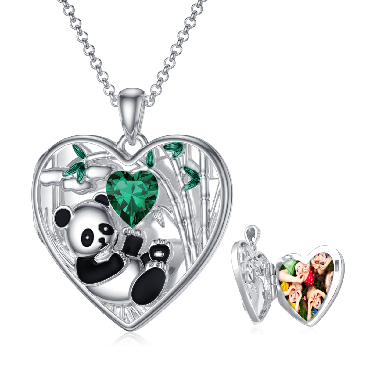 Sterling Silver Heart Shaped Panda Personalized Photo Locket Necklace-1