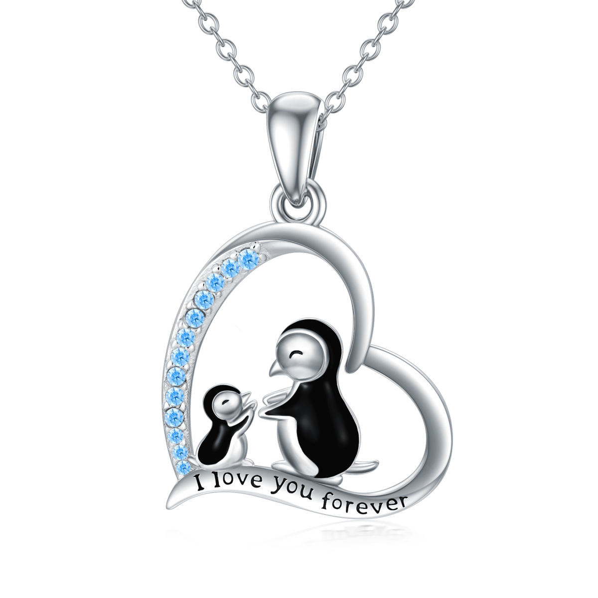 Sterling Silver Circular Shaped Zircon Penguin Pendant Necklace with Engraved Word-1