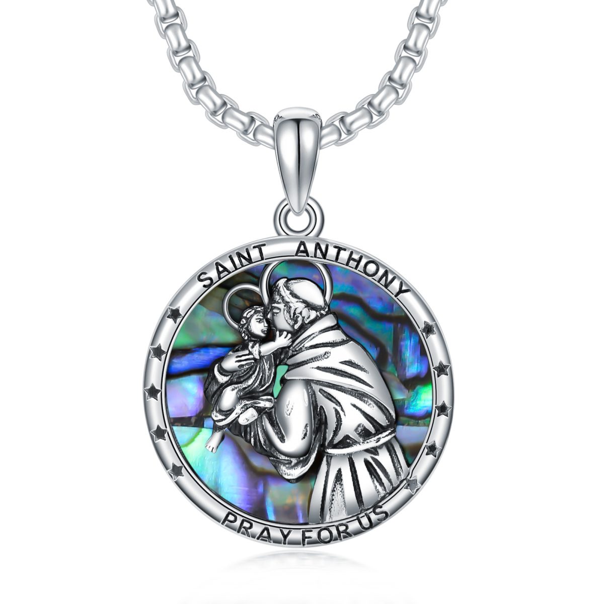 Sterling Silver Circular Shaped Abalone Shellfish St. Anthony Pendant Necklace with Engraved Word-1