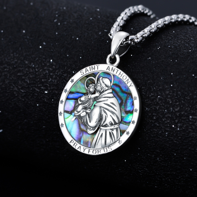 Sterling Silver Circular Shaped Abalone Shellfish St. Anthony Pendant Necklace with Engraved Word-1