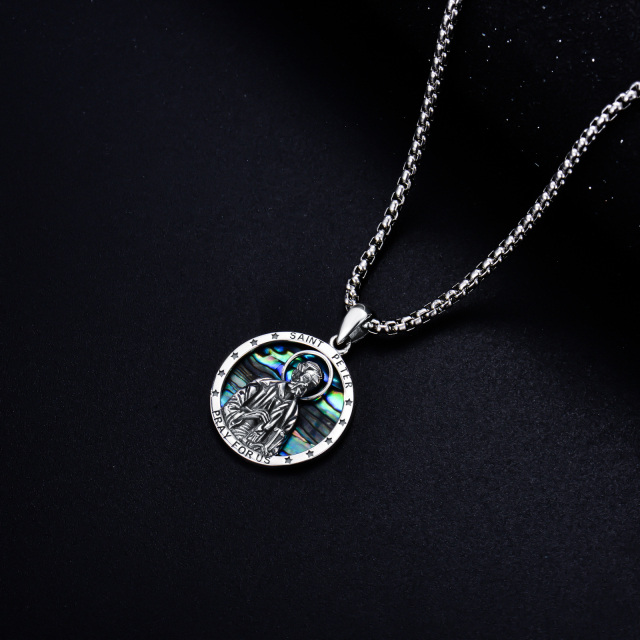 Sterling Silber kreisförmig Abalone Muscheln Saint Peter Anhänger Halskette mit eingravier-4