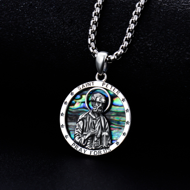 Sterling Silver Circular Shaped Abalone Shellfish Saint Peter Pendant Necklace with Engraved Word for Men-3