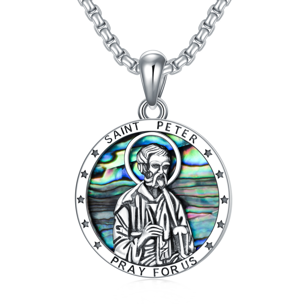 Sterling Silver Circular Shaped Abalone Shellfish Saint Peter Pendant Necklace with Engraved Word for Men-1