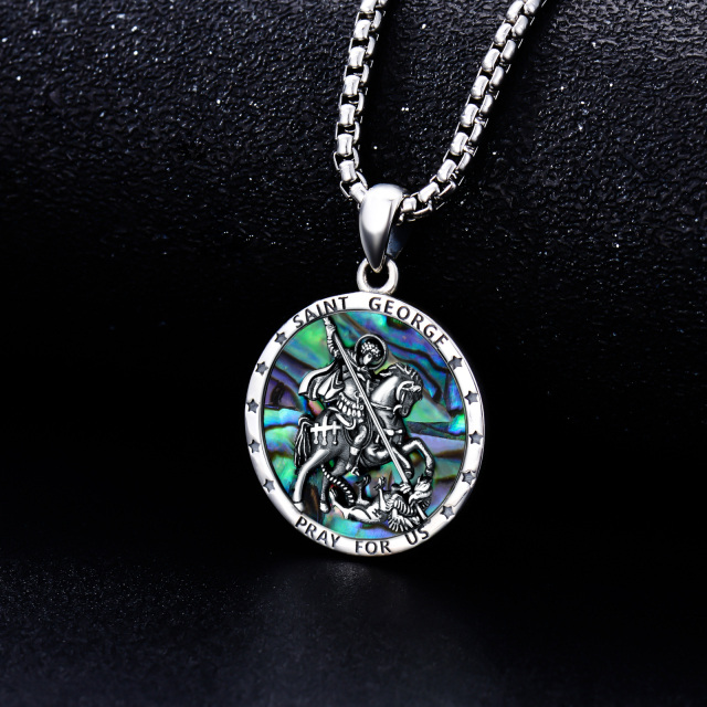 Sterling Silver Circular Shaped Abalone Shellfish Saint George Pendant Necklace with Engraved Word for Men-3
