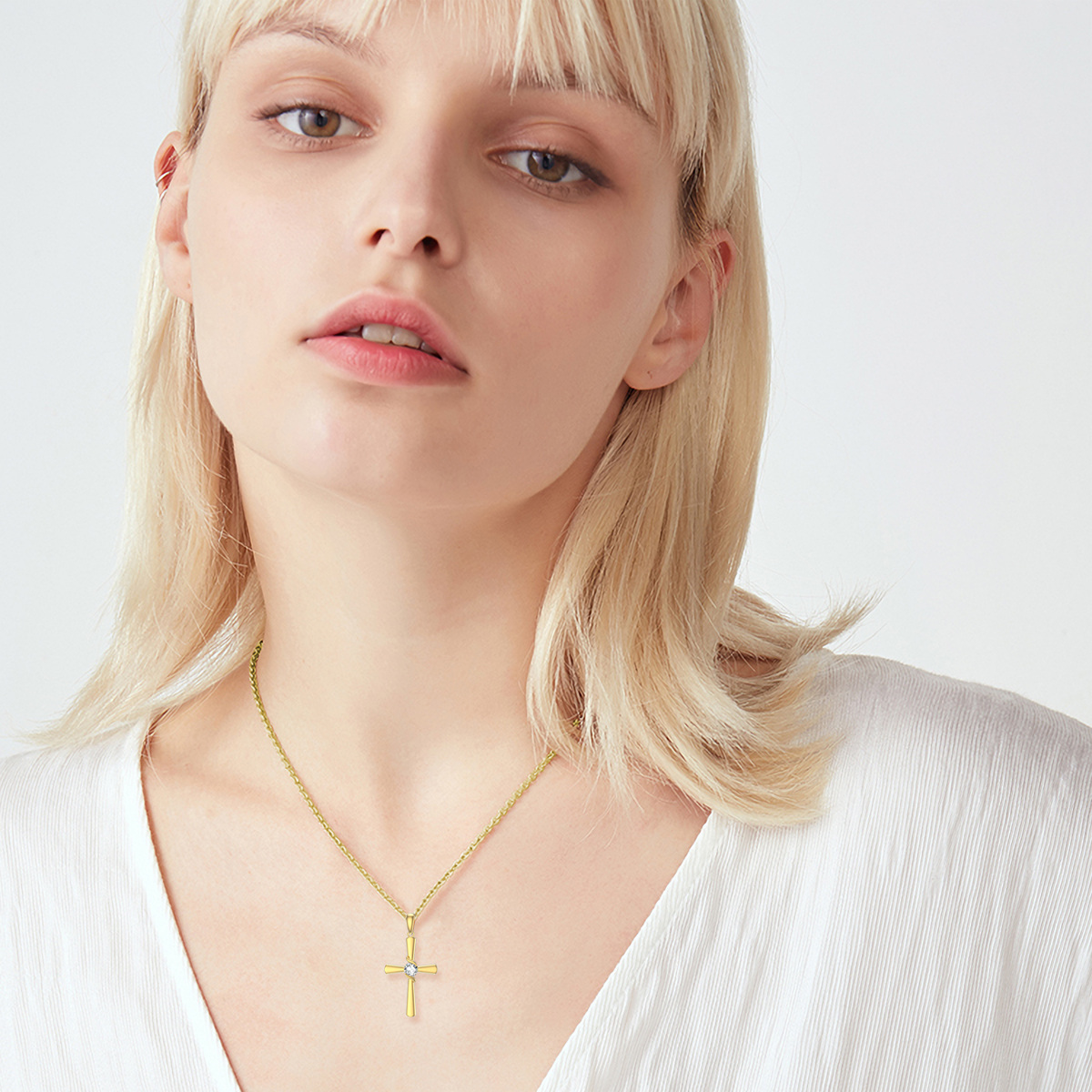 10K Gold Zircon Cross Pendant Necklace-3