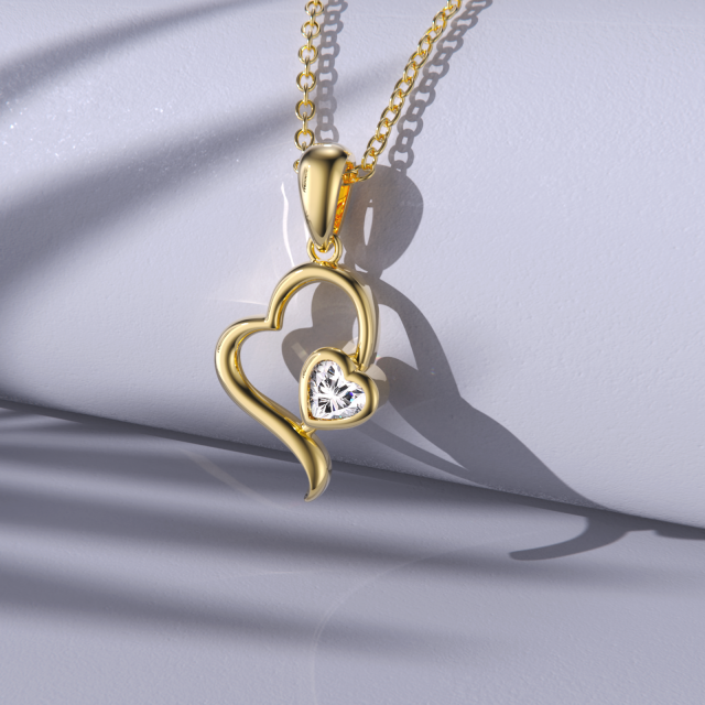 18K Gold Cubic Zirconia Heart Pendant Necklace-4