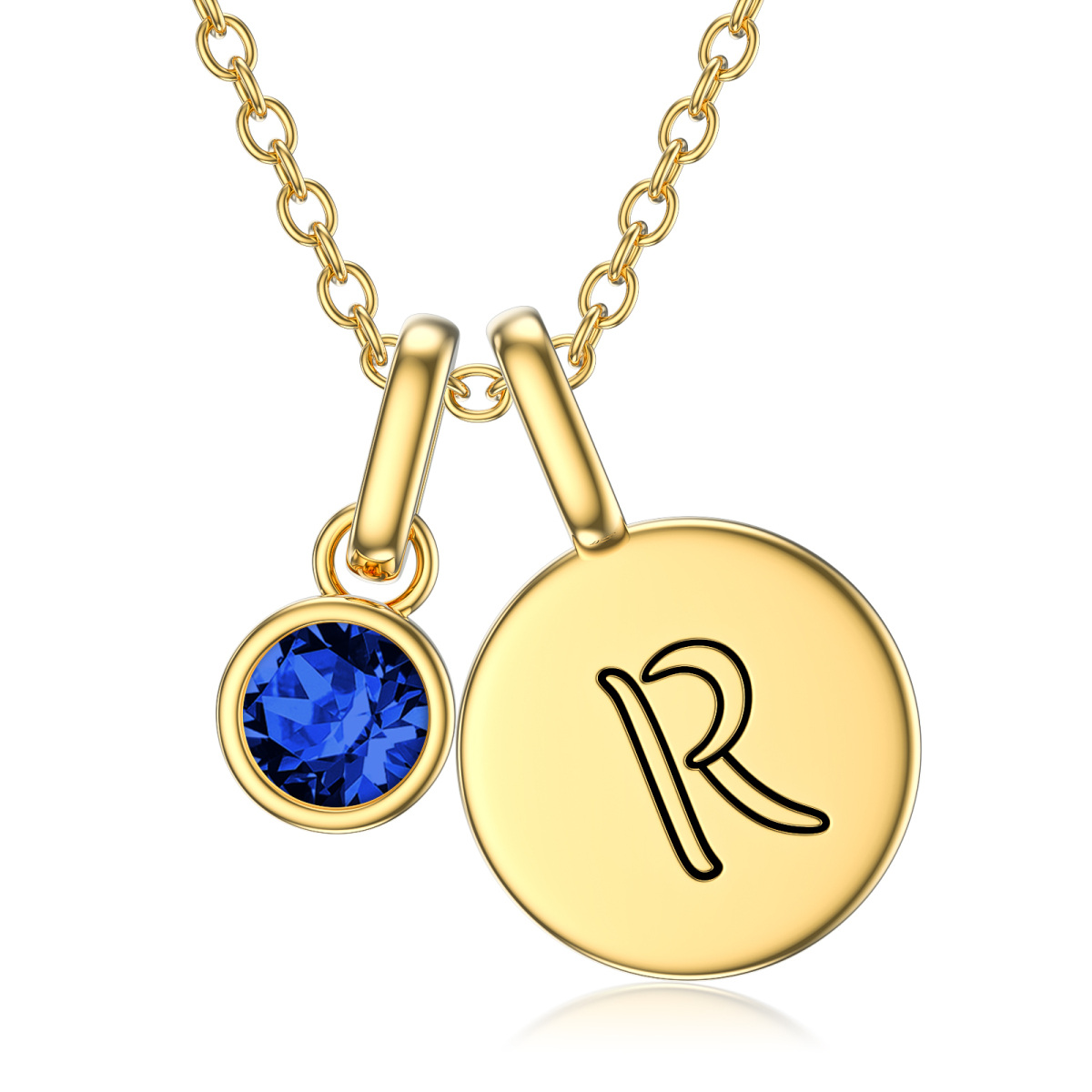 18K Gold Circular Shaped Cubic Zirconia Personalized Birthstone Pendant Necklace-1