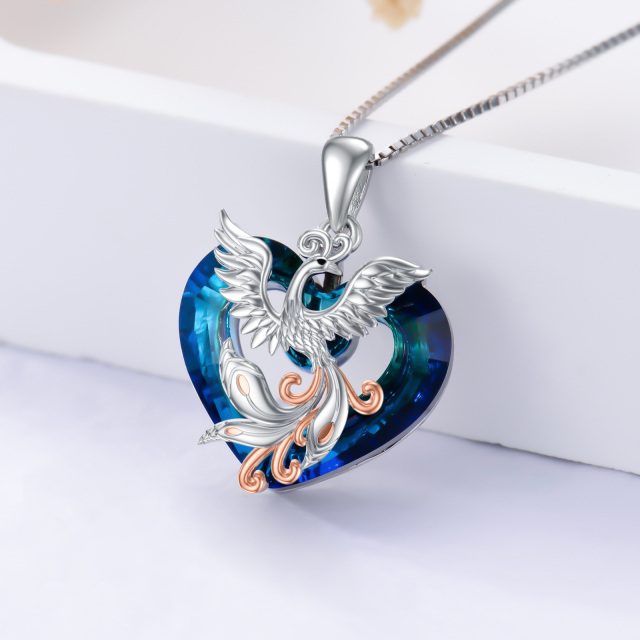 Sterling Silver Two-tone Heart Shaped Phoenix & Heart Crystal Pendant Necklace-3
