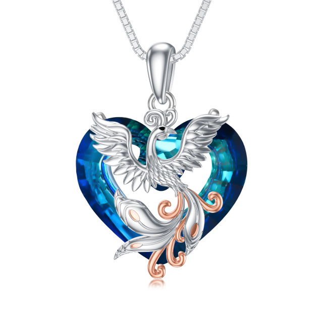 Sterling Silver Two-tone Heart Shaped Phoenix & Heart Crystal Pendant Necklace-3