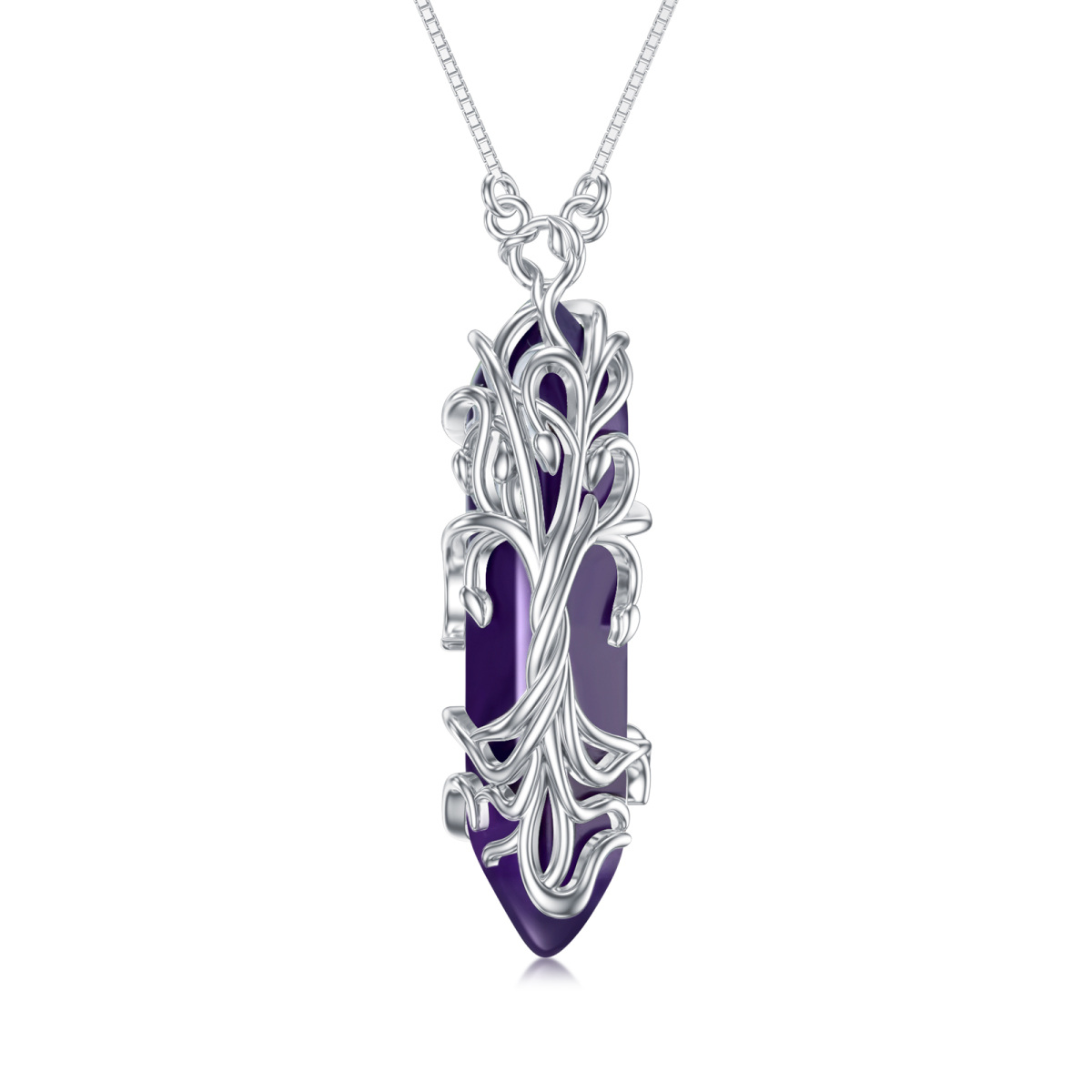 Sterling Silver Tree Of Life & Bullet Shaped Purple Crystal Pendant Necklace-1
