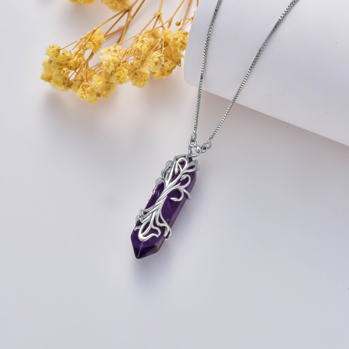Collier en argent sterling avec arbre de vie et pendentif en cristal violet en forme de balle-4