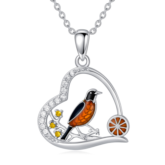 Sterling Silver Round Zircon Bird & Heart Pendant Necklace-1