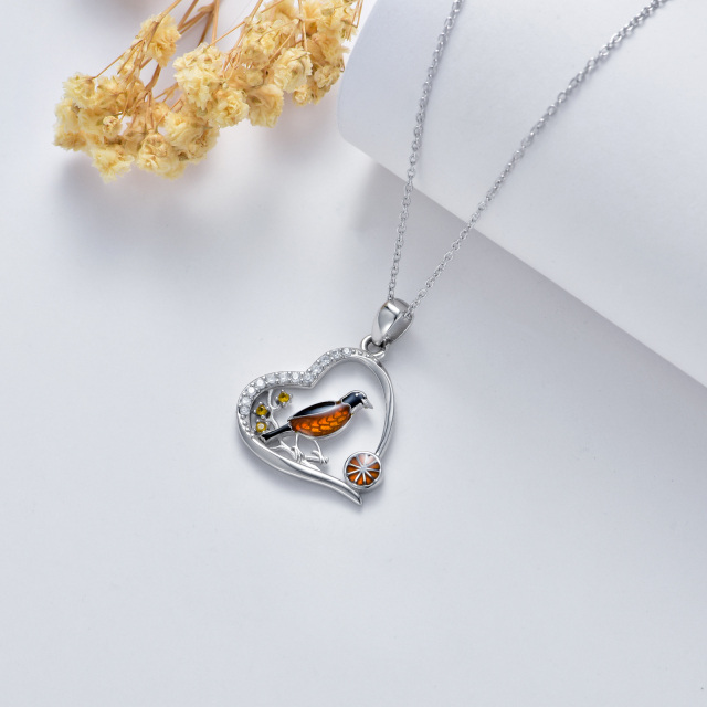 Sterling Silver Round Zircon Bird & Heart Pendant Necklace-4