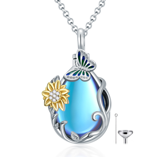 Sterling Silver Two-tone Moonstone Sunflower & Drop Shape Urn Necklace for Ashes-1