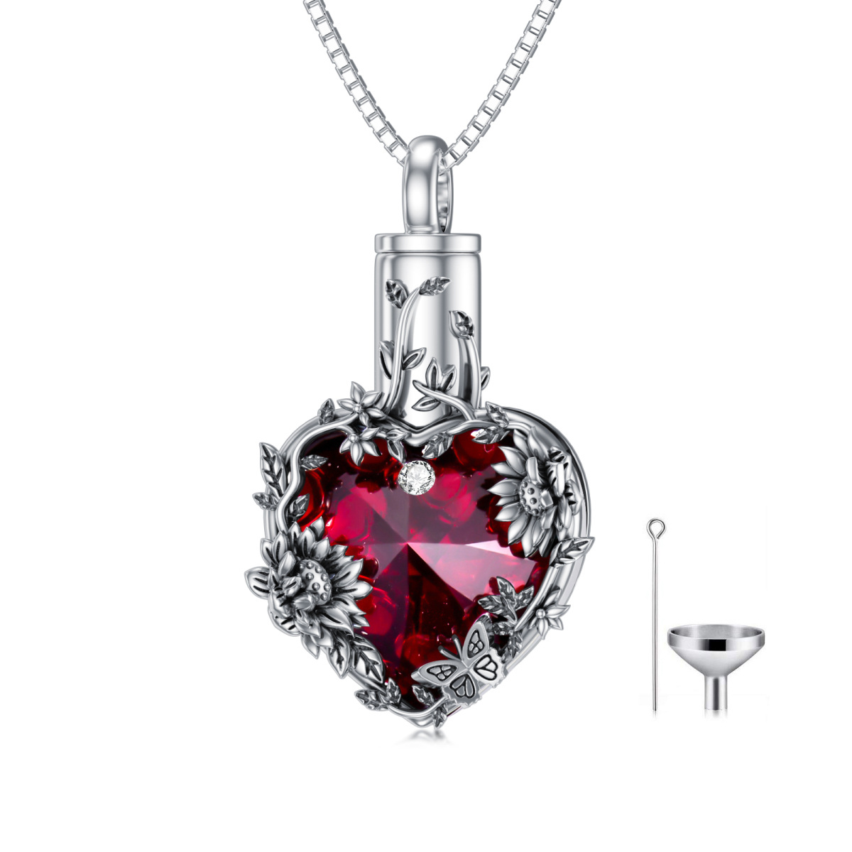 Sterling Silver Heart Shaped Crystal Sunflower & Heart Urn Necklace for Ashes-1