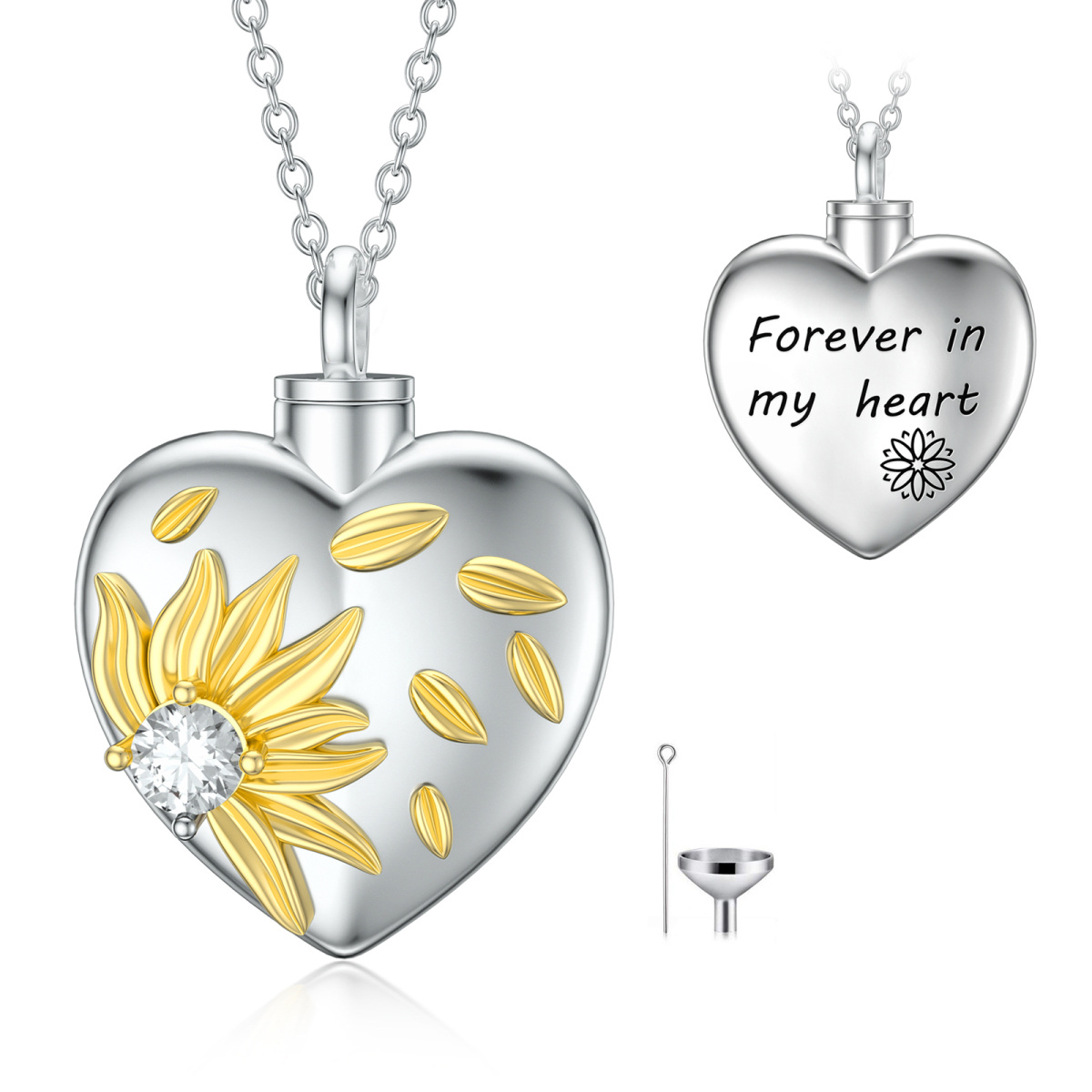 Sterling Silver Two-tone Cubic Zirconia Sunflower & Heart Urn Necklace for Ashes with Engraved Word-1