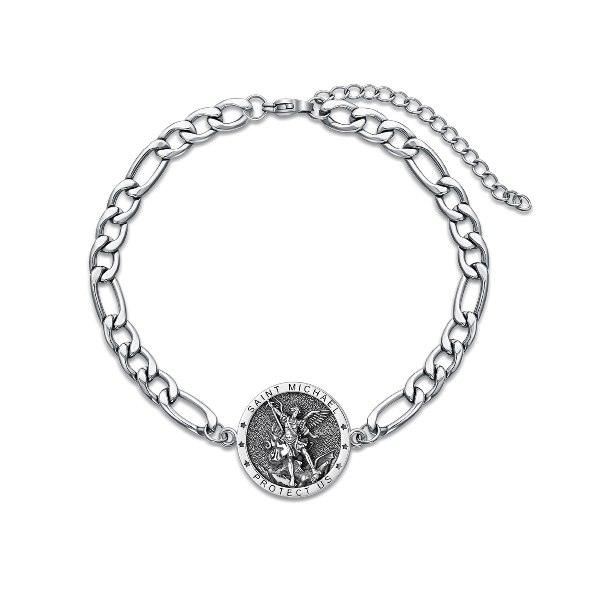 Sterling Silver Saint Michael Curb Chain Pendant Bracelet with Engraved Word for Men-1