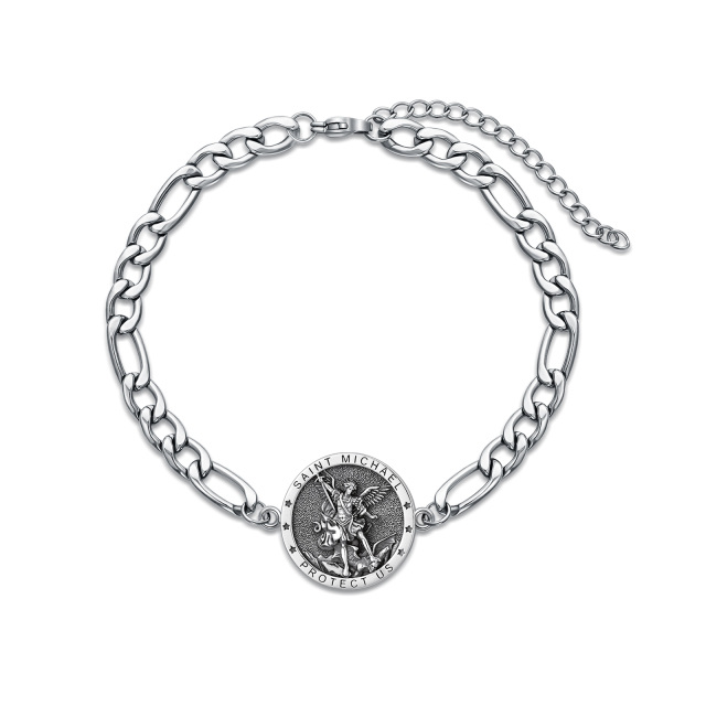 Sterling Silver Saint Michael Curb Chain Pendant Bracelet with Engraved Word for Men-0