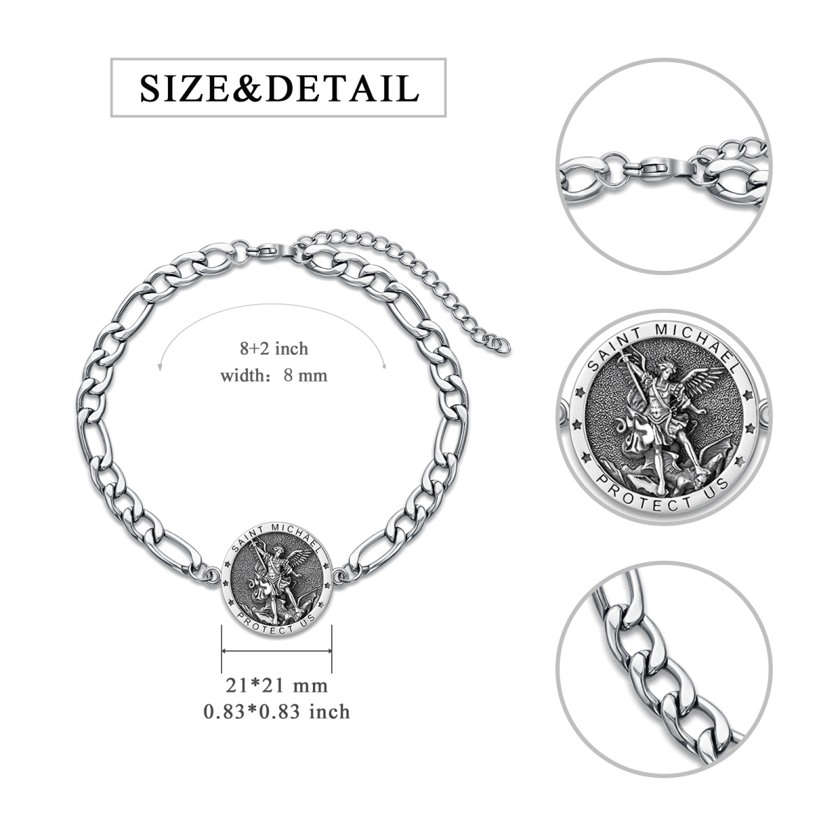 Sterling Silver Saint Michael Curb Chain Pendant Bracelet with Engraved Word for Men-5