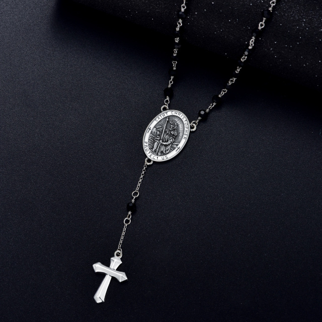 Sterling Silver Crystal Cross & Saint Christopher Non-adjustable Y-Necklace with Engraved Word for Men-3