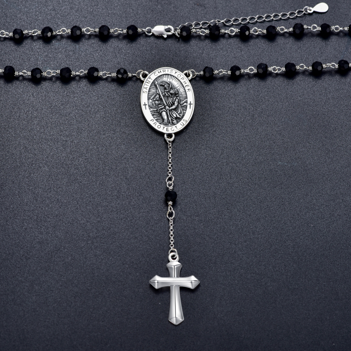 Sterling Silver Crystal Cross & Saint Christopher Non-adjustable Y-Necklace with Engraved Word for Men-5