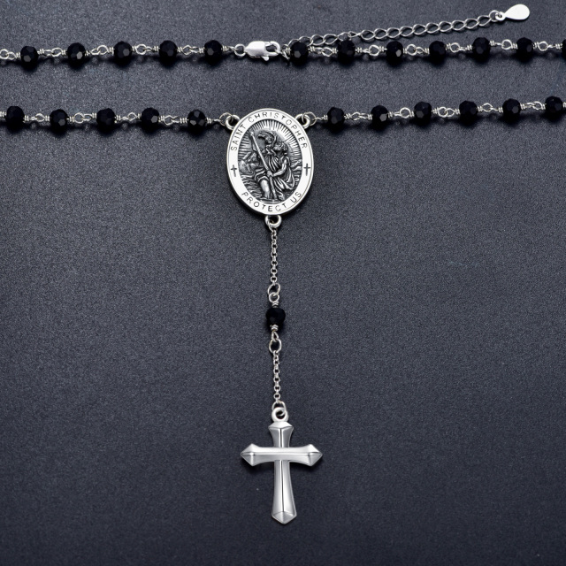 Sterling Silver Crystal Cross & Saint Christopher Non-adjustable Y-Necklace with Engraved Word for Men-4