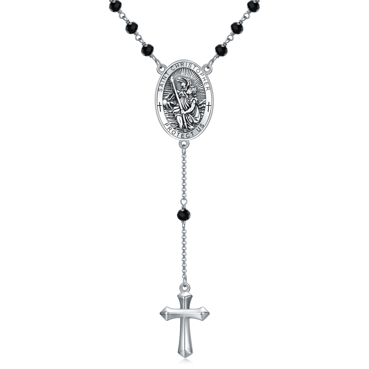 Collier en Y non ajustable avec mot gravé en argent Sterling Crystal Cross & Saint Christo-1