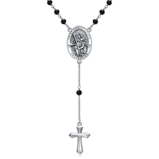 Sterling Silver Crystal Cross & Saint Christopher Non-adjustable Y-Necklace with Engraved Word for Men