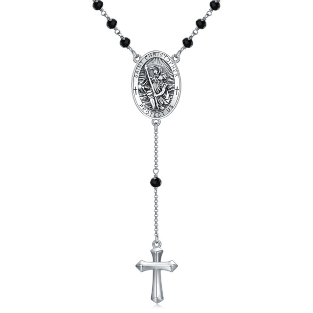 Sterling Silver Crystal Cross & Saint Christopher Non-adjustable Y-Necklace with Engraved Word for Men-0